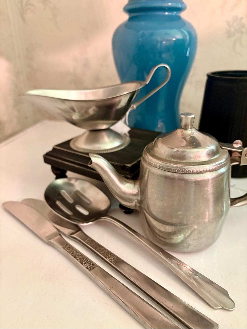 Vintage Silver-Tone Tea Pot & Gravy Boat with Flatware
